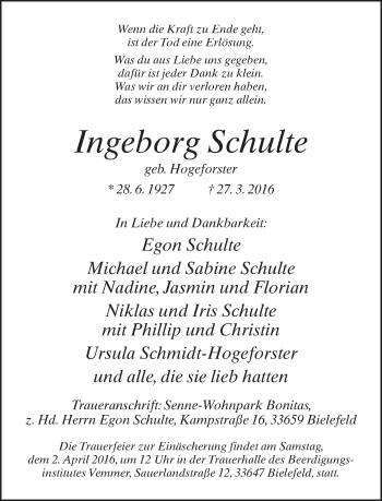 Traueranzeige von Ingeborg Schulte von Neue Westfälische