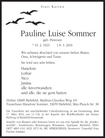 Traueranzeige von Pauline Luise Sommer von Neue Westfälische