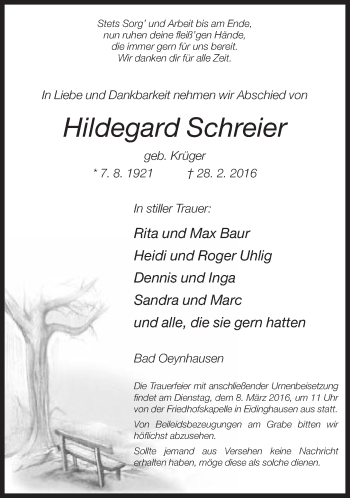 Traueranzeige von Hildegard Schreier