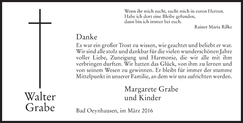 Traueranzeige für Walter Grabe vom 16.03.2016 aus Neue Westfälische