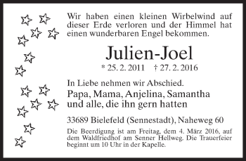 Traueranzeige von Julien-Joel  von Neue Westfälische
