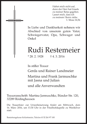 Traueranzeige von Rudi Restemeier von Neue Westfälische