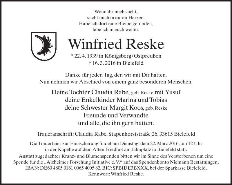  Traueranzeige für Winfried Reske vom 19.03.2016 aus Neue Westfälische