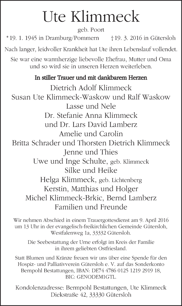  Traueranzeige für Ute Klimmeck vom 30.03.2016 aus Neue Westfälische