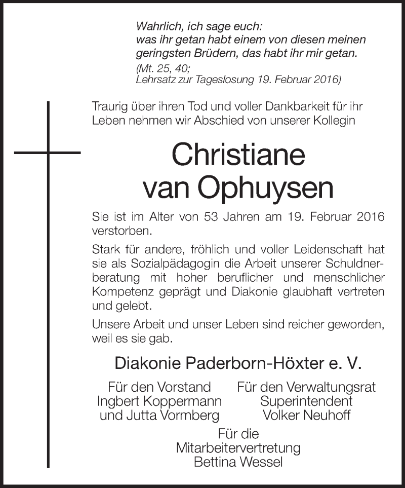  Traueranzeige für Christiane van Ophuysen vom 02.03.2016 aus Neue Westfälische