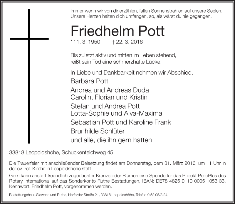  Traueranzeige für Friedhelm Pott vom 25.03.2016 aus Neue Westfälische