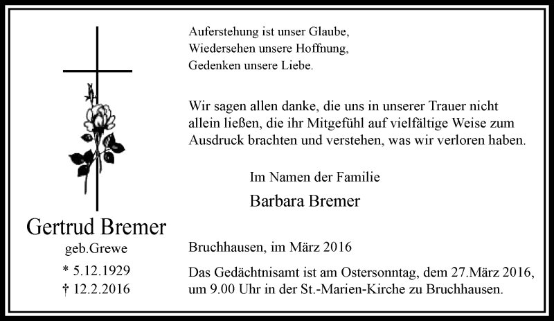  Traueranzeige für Gertrud Bremer vom 19.03.2016 aus Neue Westfälische