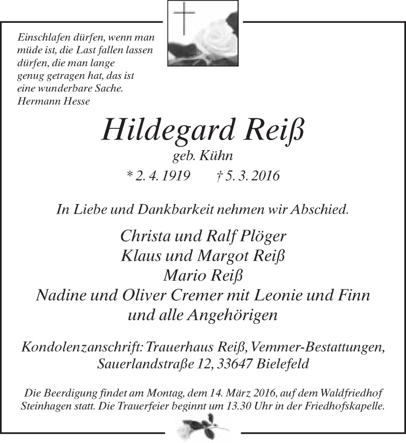  Traueranzeige für Hildegard Reiß vom 09.03.2016 aus Neue Westfälische