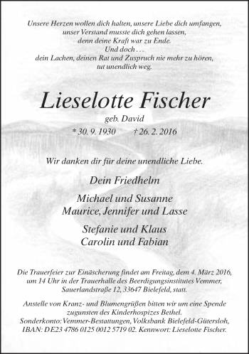 Traueranzeige von Lieselotte Fischer von Neue Westfälische