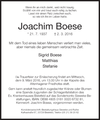 Traueranzeige von Joachim Boese