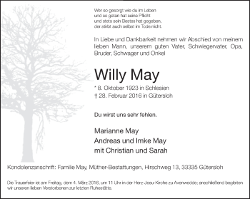 Traueranzeige von Willy May von Neue Westfälische