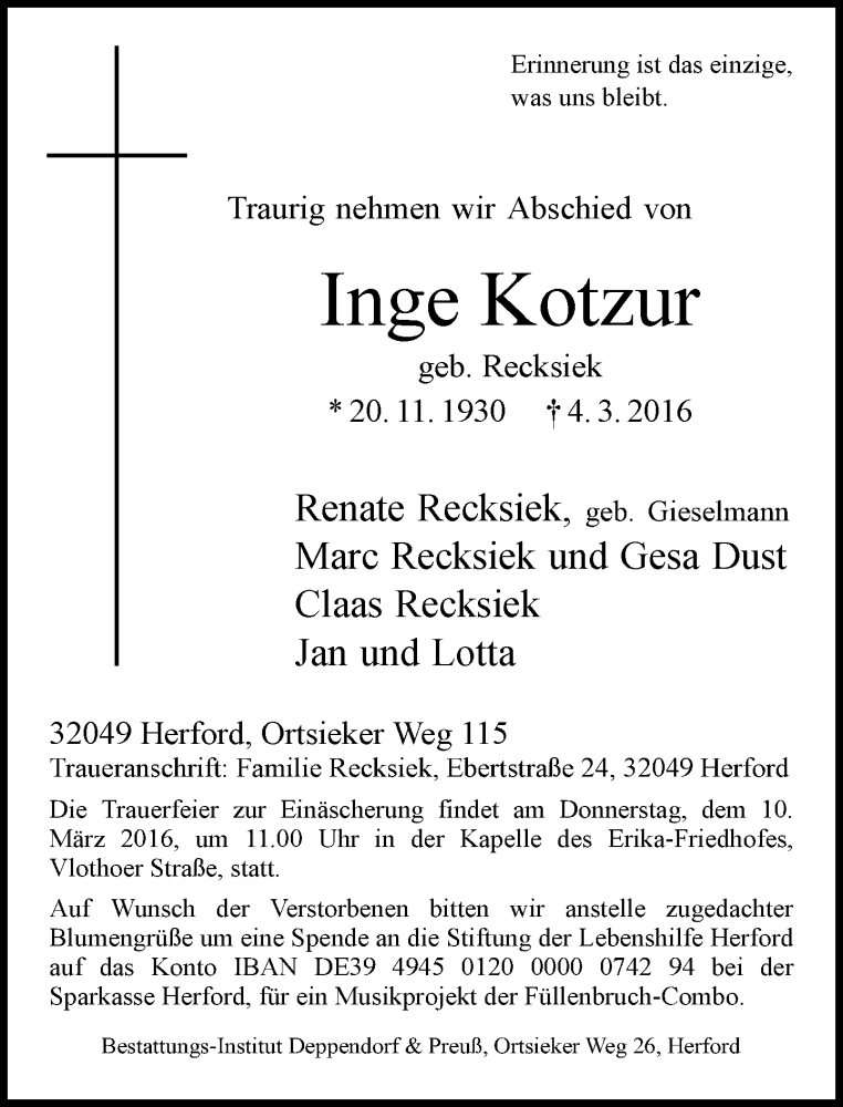  Traueranzeige für Inge Kotzur vom 08.03.2016 aus Neue Westfälische