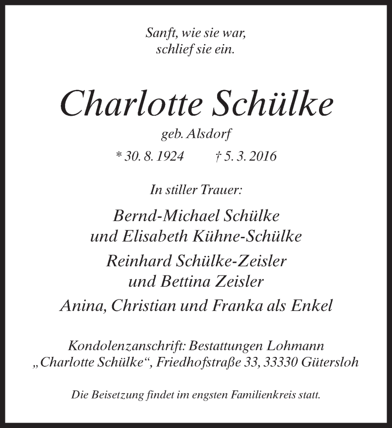  Traueranzeige für Charlotte Schülke vom 12.03.2016 aus Neue Westfälische
