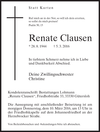 Traueranzeige von Renate Clausen von Neue Westfälische