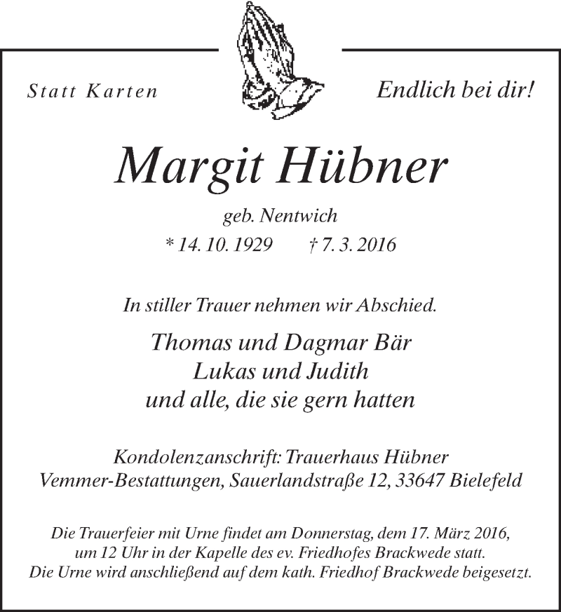  Traueranzeige für Margit Hübner vom 12.03.2016 aus Neue Westfälische
