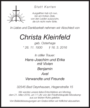 Traueranzeige von Christa Kleinfeld