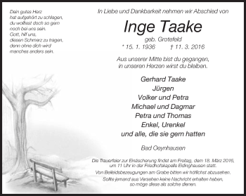 Traueranzeige von Inge Taake