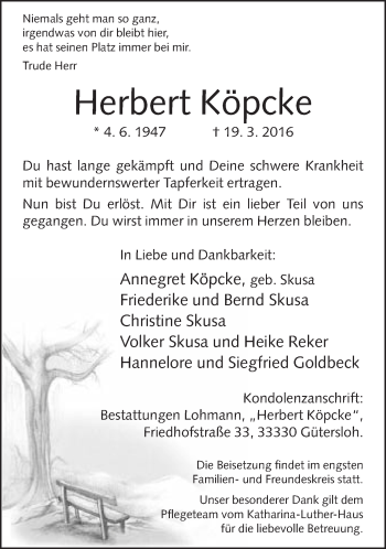 Traueranzeige von Herbert Köpcke von Neue Westfälische