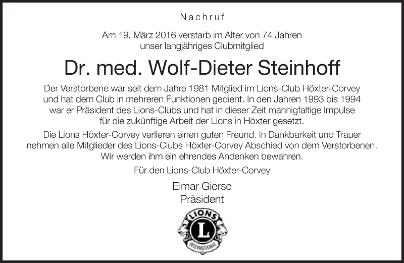  Traueranzeige für Wolf-Dieter Steinhoff vom 23.03.2016 aus Neue Westfälische