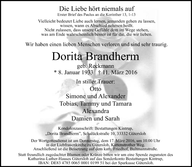  Traueranzeige für Dorita Brandherm vom 15.03.2016 aus Neue Westfälische