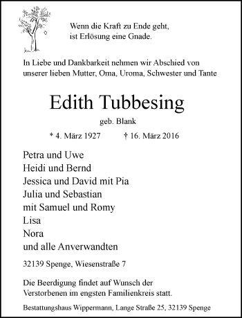 Traueranzeige von Edith Tubbesing von Neue Westfälische