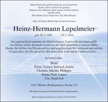 Traueranzeige von Heinz-Hermann Lepelmeier von Neue Westfälische