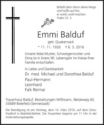 Traueranzeige von Emmi Balduf von Neue Westfälische