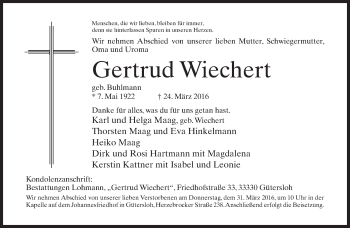 Traueranzeige von Gertrud Wiechert von Neue Westfälische
