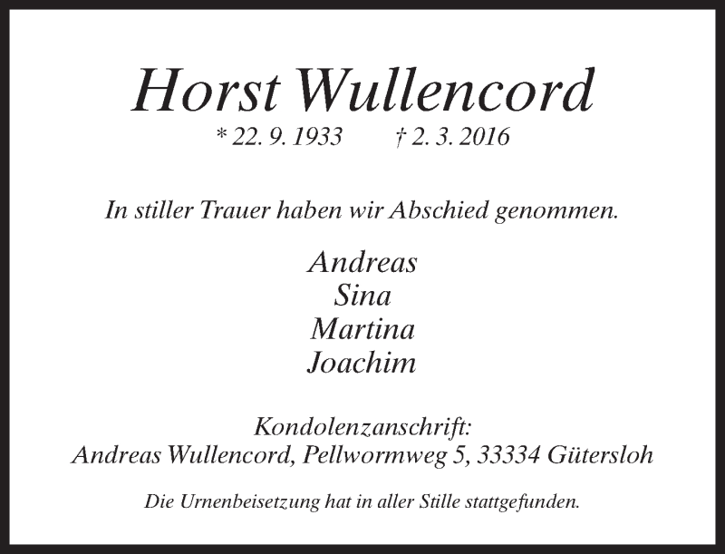  Traueranzeige für Horst Wullencord vom 19.03.2016 aus Neue Westfälische