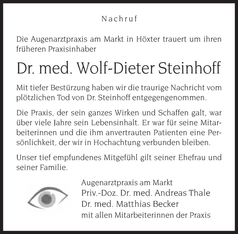  Traueranzeige für Wolf-Dieter Steinhoff vom 30.03.2016 aus Neue Westfälische