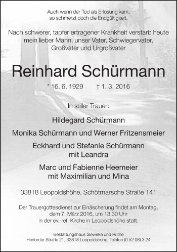 Traueranzeige von Reinhard Schürmann
