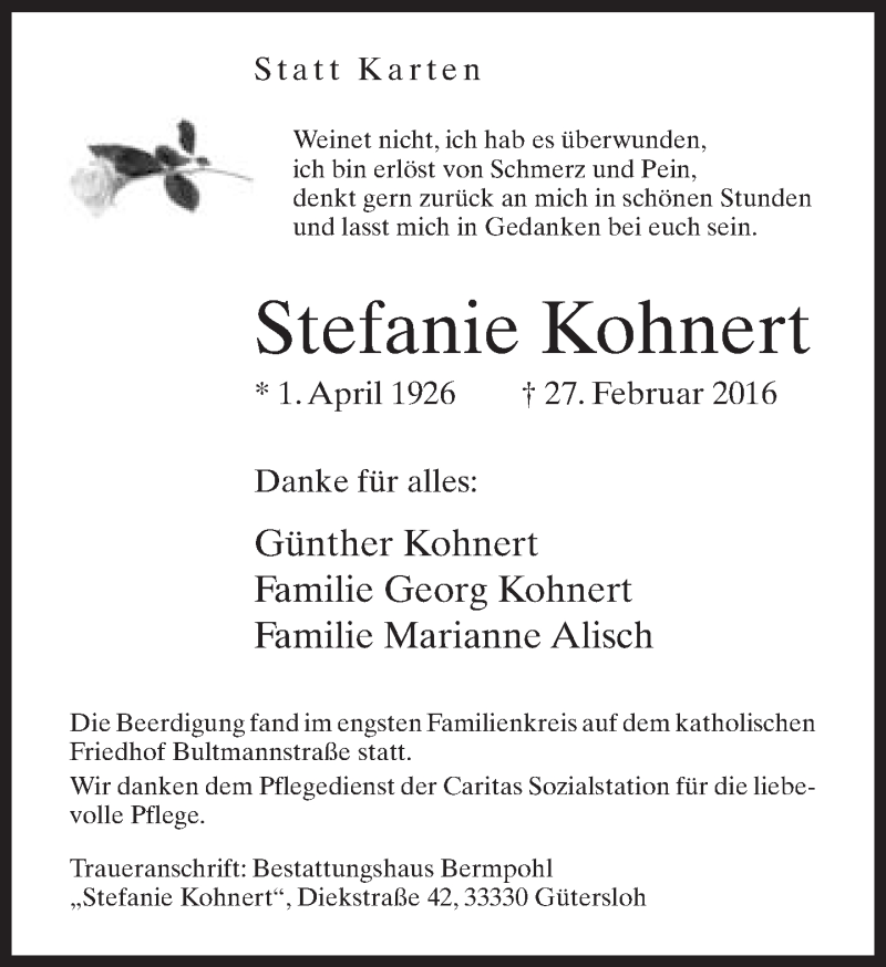  Traueranzeige für Stefanie Kohnert vom 04.03.2016 aus Neue Westfälische