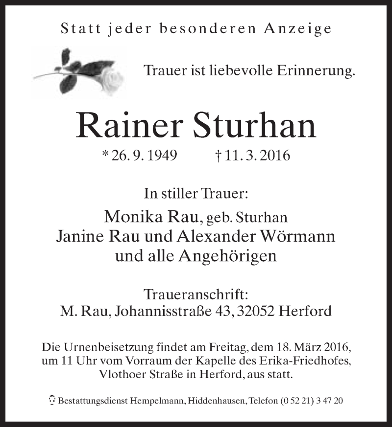  Traueranzeige für Rainer Sturhan vom 14.03.2016 aus Neue Westfälische