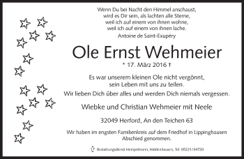 Traueranzeige von Ole Ernst Wehmeier von Neue Westfälische