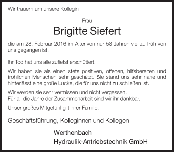 Traueranzeige von Brigitte Siefert von Neue Westfälische