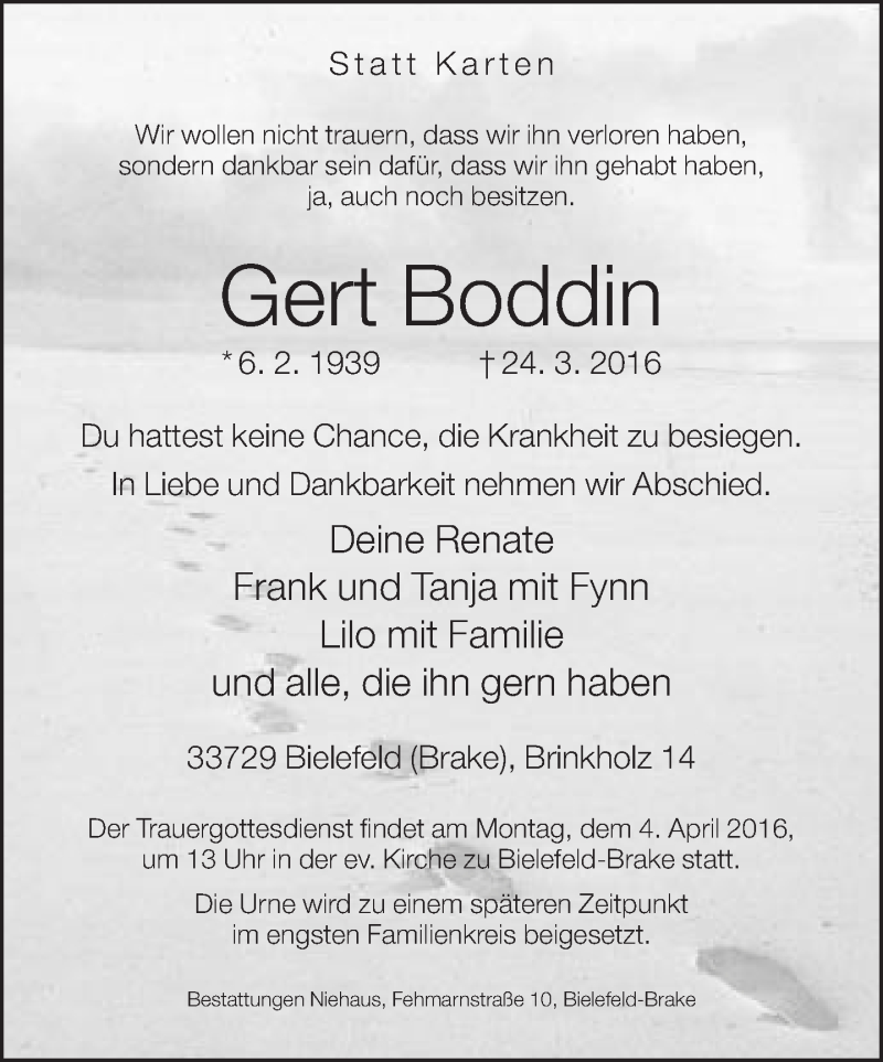  Traueranzeige für Gert Boddin vom 25.03.2016 aus Neue Westfälische
