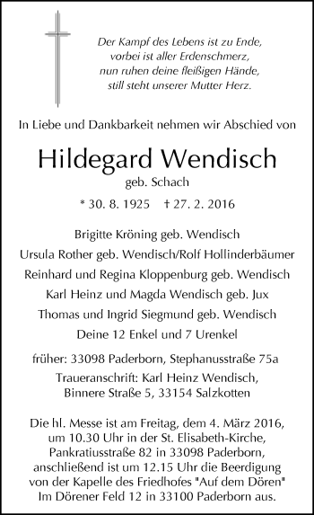 Traueranzeige von Hildegard Wendisch von Neue Westfälische