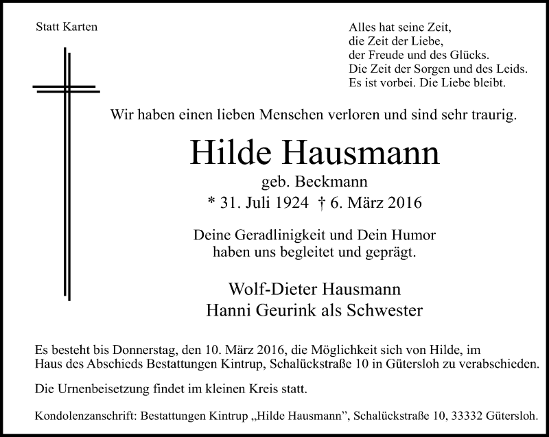  Traueranzeige für Hilde Hausmann vom 08.03.2016 aus Neue Westfälische