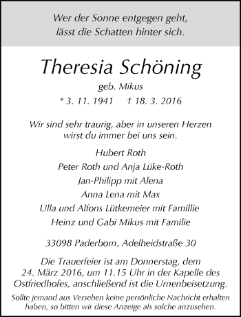 Traueranzeige von Theresia Schöning von Neue Westfälische