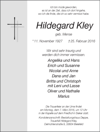 Traueranzeige von Hildegard Kley von Neue Westfälische