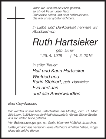 Traueranzeige von Ruth Hartsieker