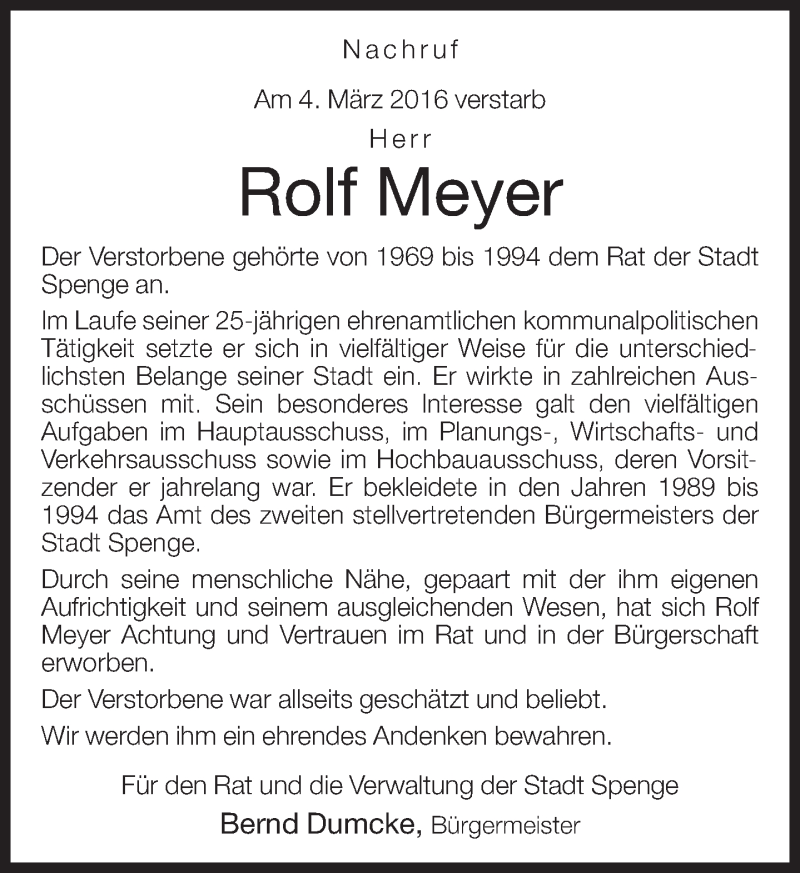  Traueranzeige für Rolf Meyer vom 09.03.2016 aus Neue Westfälische