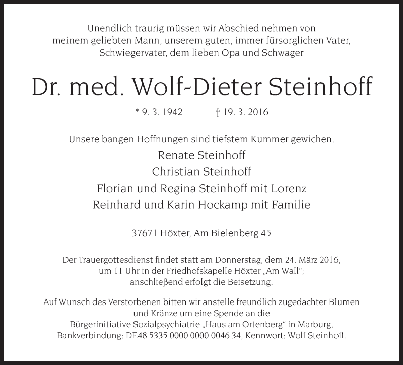  Traueranzeige für Wolf-Dieter Steinhoff vom 22.03.2016 aus Neue Westfälische