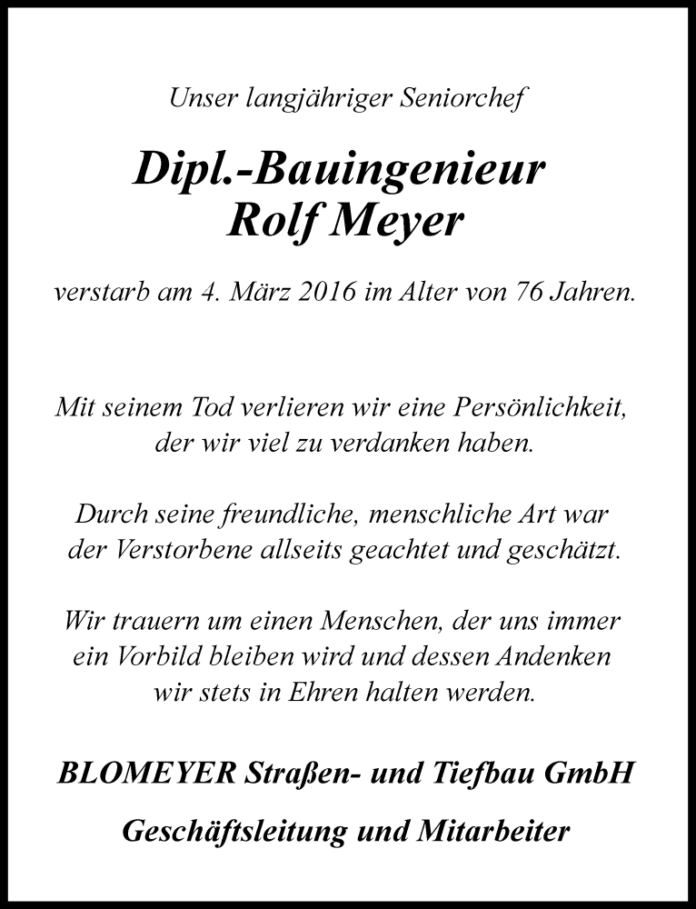  Traueranzeige für Rolf Meyer vom 07.03.2016 aus Neue Westfälische
