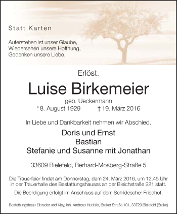 Traueranzeige von Luise Birkemeier von Neue Westfälische