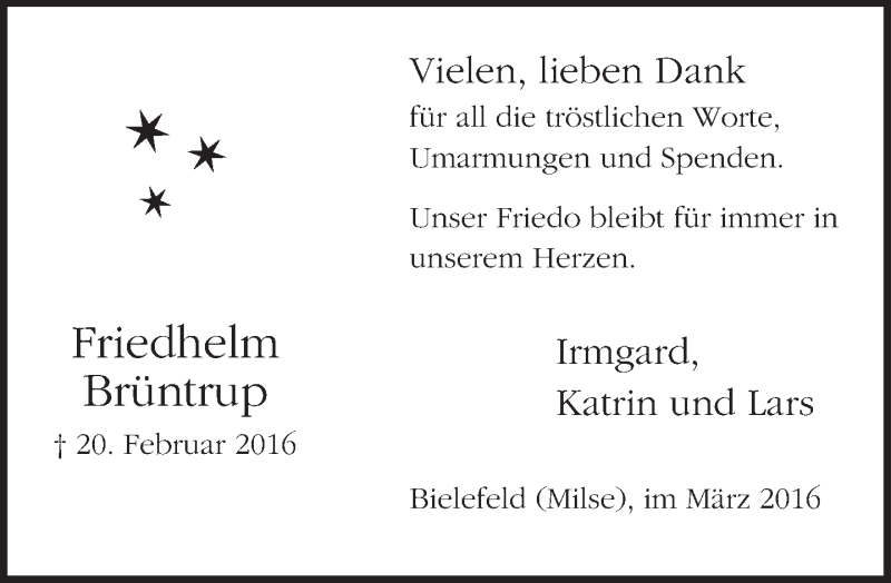  Traueranzeige für Friedhelm Brüntrup vom 23.03.2016 aus Neue Westfälische