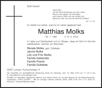 Traueranzeige von Matthias Molks von Neue Westfälische
