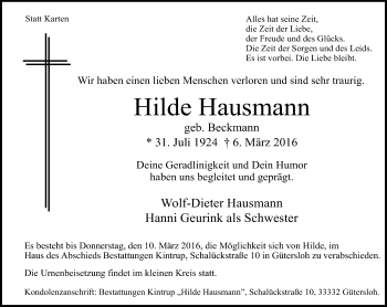 Traueranzeige von Hilde Hausmann