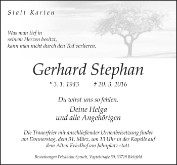 Traueranzeige von Gerhard Stephan von Neue Westfälische