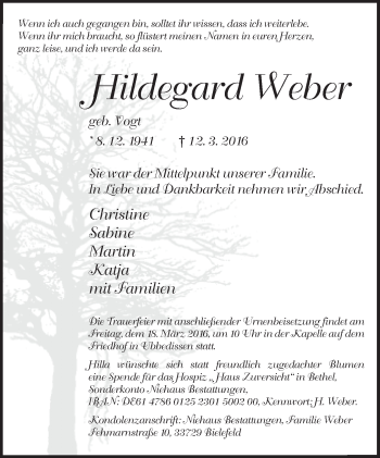 Traueranzeige von Hildegard Weber von Neue Westfälische